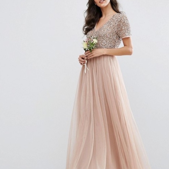 maya embellished tulle sleeve maxi tulle dress in green